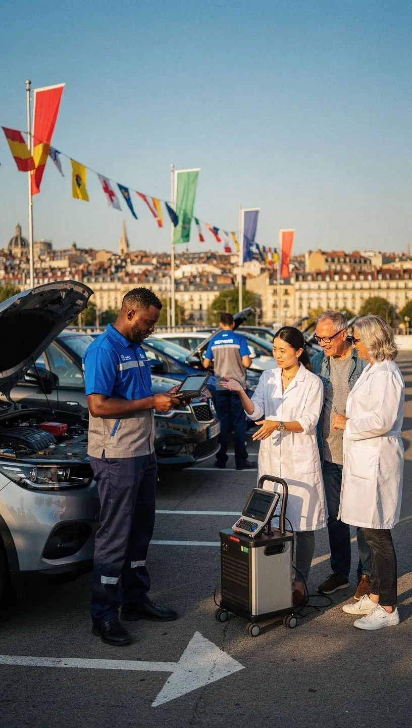 Spécialiste en contrôle technique expliquant les données de diagnostic numérique à un propriétaire de véhicule.