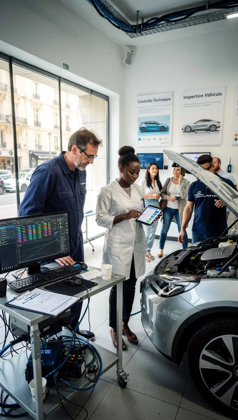 Équipement informatique sophistiqué utilisé pour l’inspection détaillée des systèmes automobiles dans un centre de diagnostic français.